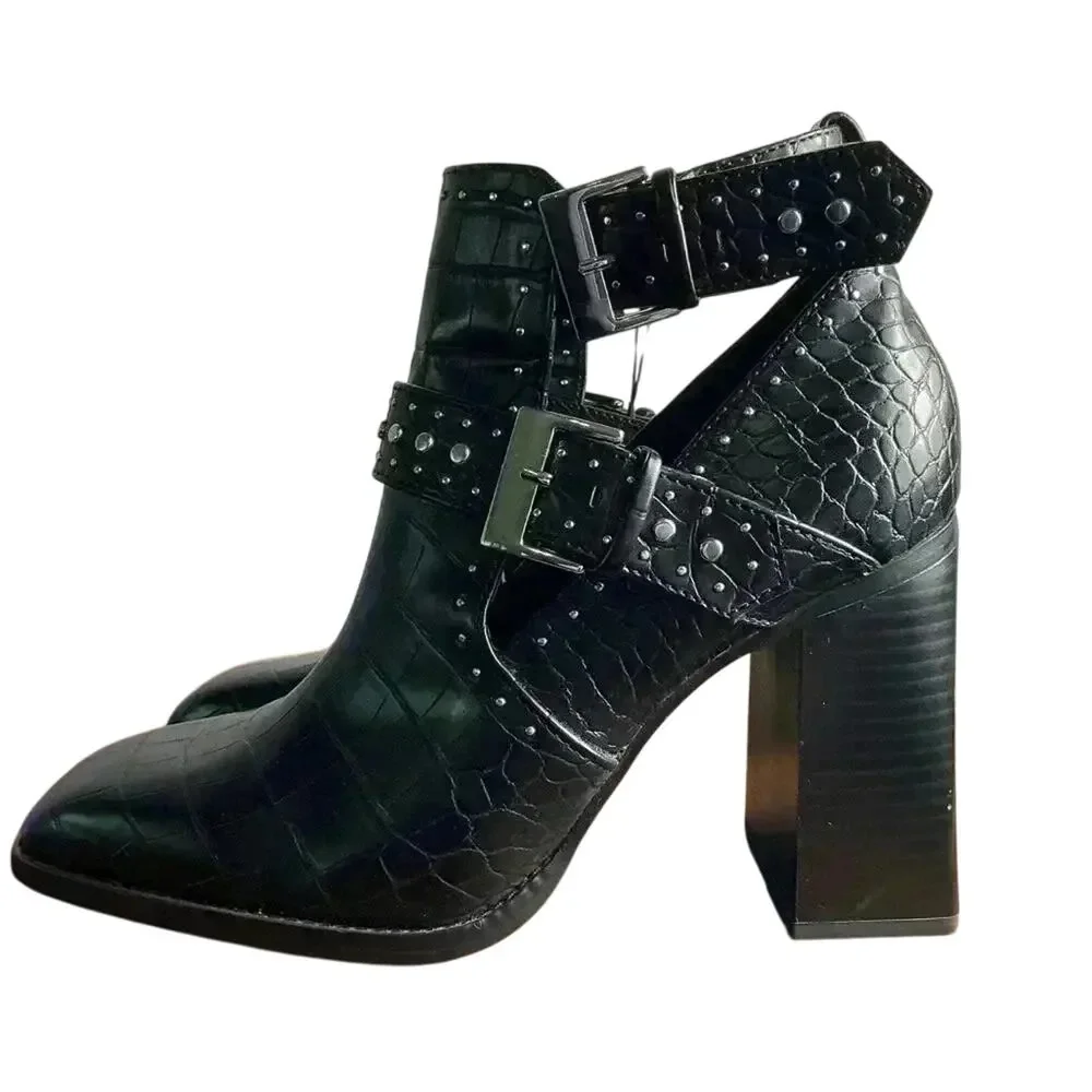 ZARA Black Croc Embossed Studded Buckle Ankle Boots Block Heel Size 38 (US 7.5)